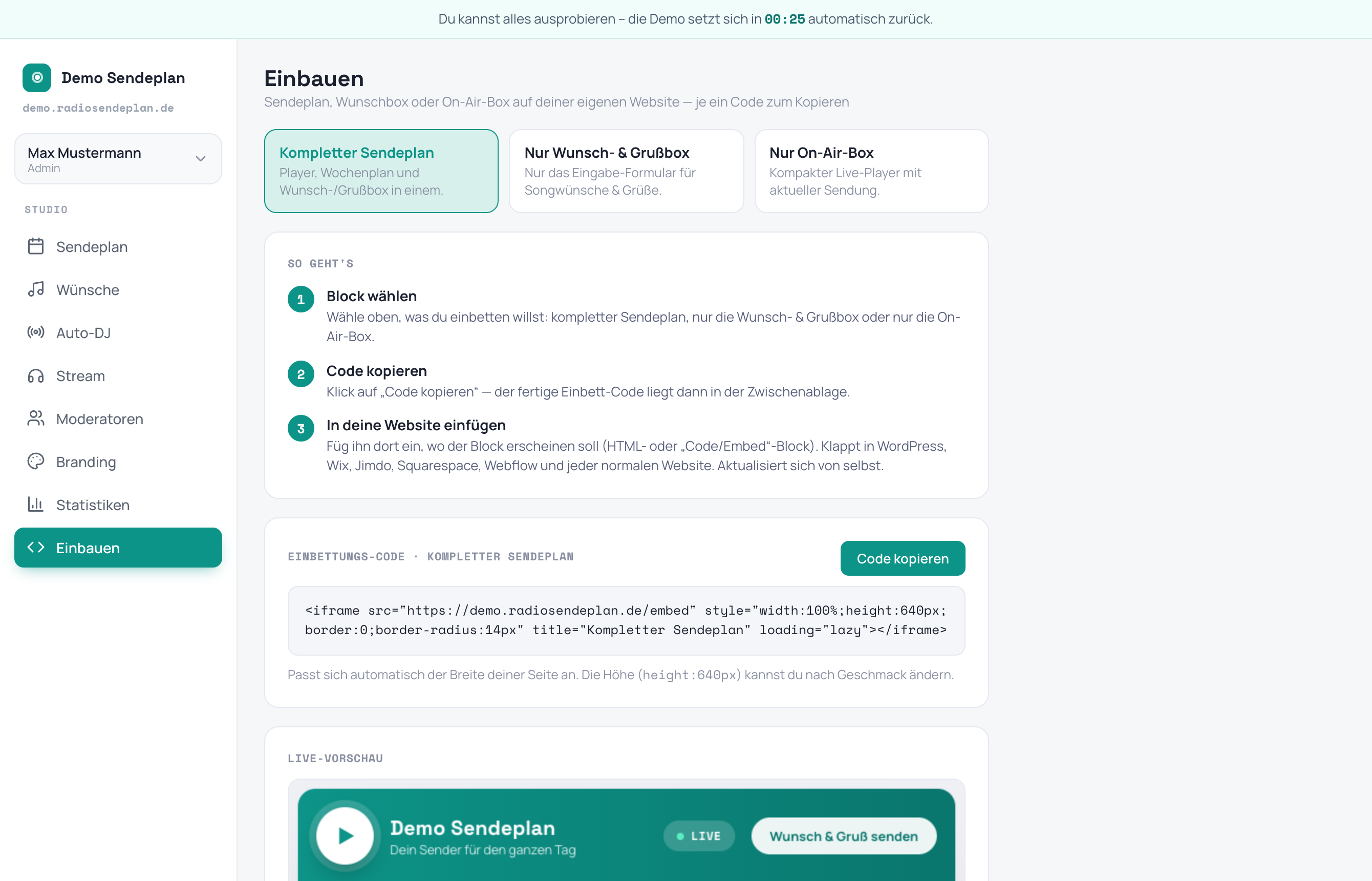 radiosendeplan.de – Studio · Einbetten